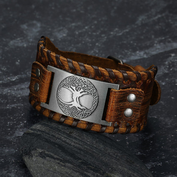 Explore Leather Buckle Arm Cuff With Metal Tree of Life / Yggdrasil Design