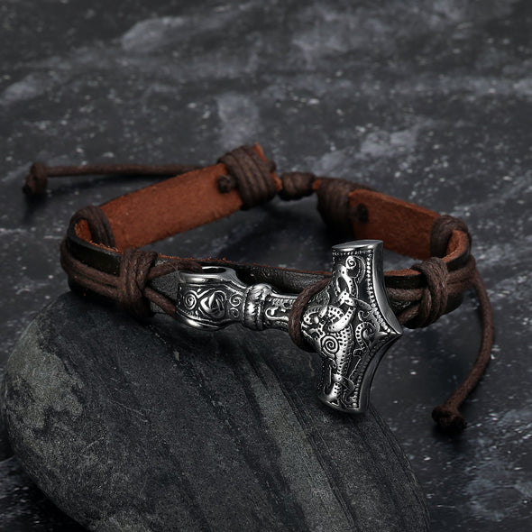 Explore Adjustable Leather Wristband With Handcrafted Stainless Steel Mjolnir