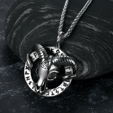 Explore Handcrafted Stainless Steel Goat Head Necklace with Valknut and Runes