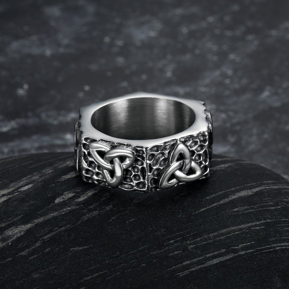 Explore Hexagonal Handcrafted Stainless Steel Triquetra Ring