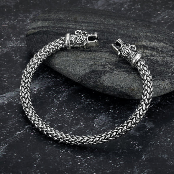 Explore Small Handcrafted Stainless Steel Wolf Head Torc Bracelet