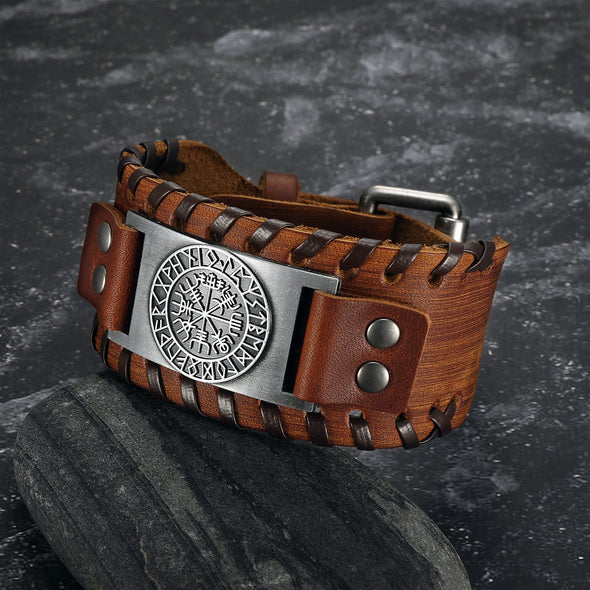 Explore Leather Buckle Arm Cuff With Metal Vegvisir Design