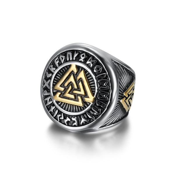 Explore Handcrafted Stainless Steel Dual Color Valknut and Runes Ring