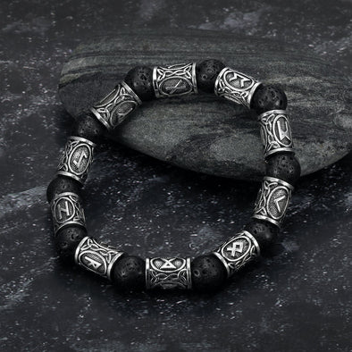 Explore Silver Rune and Black Lava Stone Bracelet