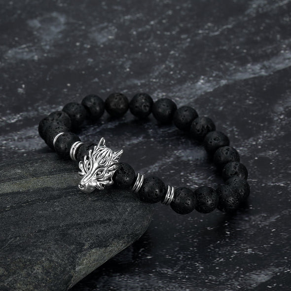 Explore Wolf Head and Lava Stone Bracelet