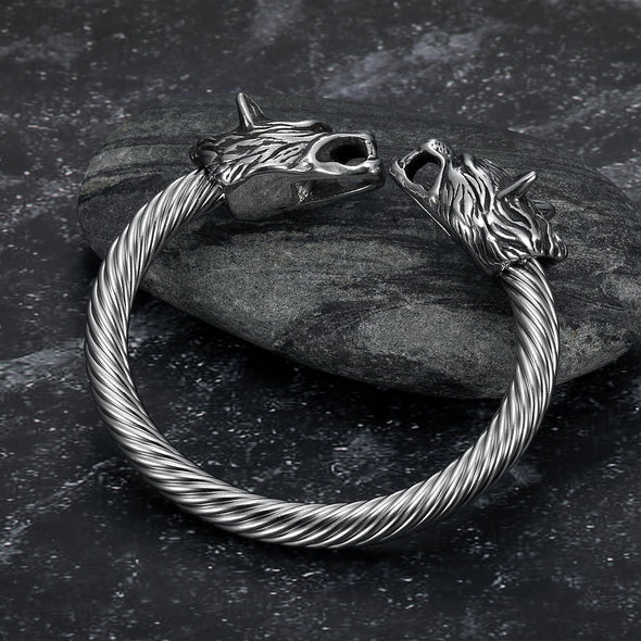 Explore Handcrafted Stainless Steel Large Wolf Head Torc Bracelet