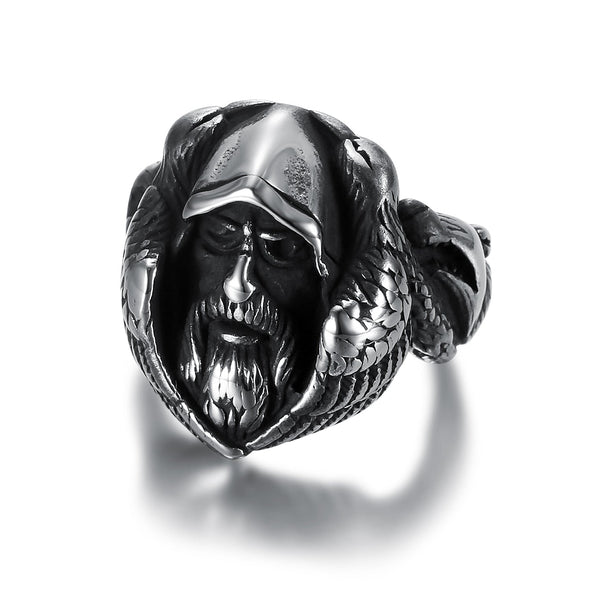 Explore Handcrafted Stainless Steel Viking Odin Ring With Raven and Wolf