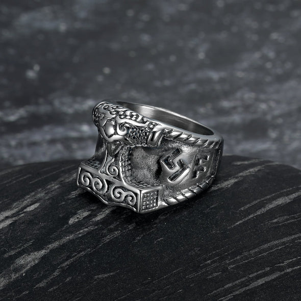 Explore Handcrafted Stainless Steel Thor's Hammer and Rune Ring