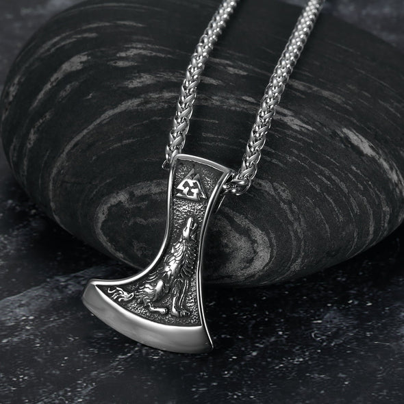 Explore Handcrafted Stainless Steel Valknut with Raven & Wolf Necklace