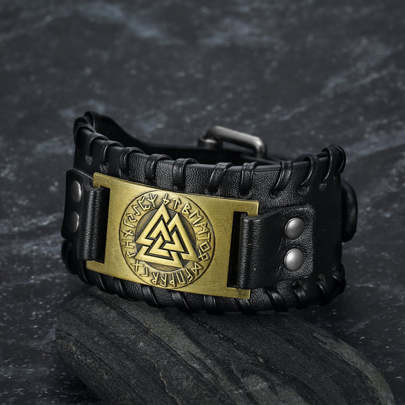 Explore Leather Buckle Arm Cuff With Metal Valknut Design