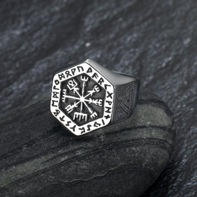 Explore Handcrafted Stainless Steel Hexagonal Vegvisir & Valknut Rune Ring