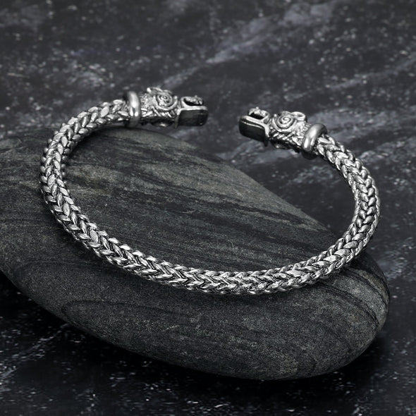 Small Handcrafted Stainless Steel Grey Wolf Head Torc Bracelet