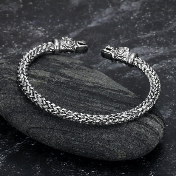 Explore Small Handcrafted Stainless Steel Wolf Head Torc Bracelet