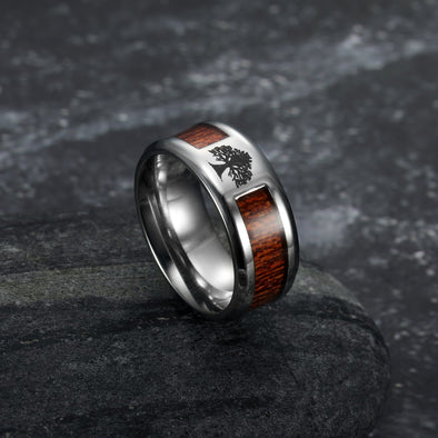 Explore Handcrafted Stainless Steel Tree of Life / Yggdrasil and Wood Inlay Wedding Band