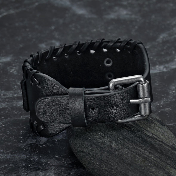 Explore Leather Buckle Arm Cuff With Metal Valknut Design