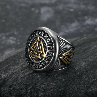 Explore Handcrafted Stainless Steel Dual Color Valknut and Runes Ring