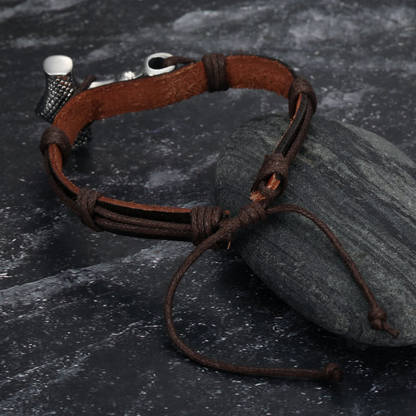 Explore Adjustable Leather Wristband With Handcrafted Stainless Steel Mjolnir