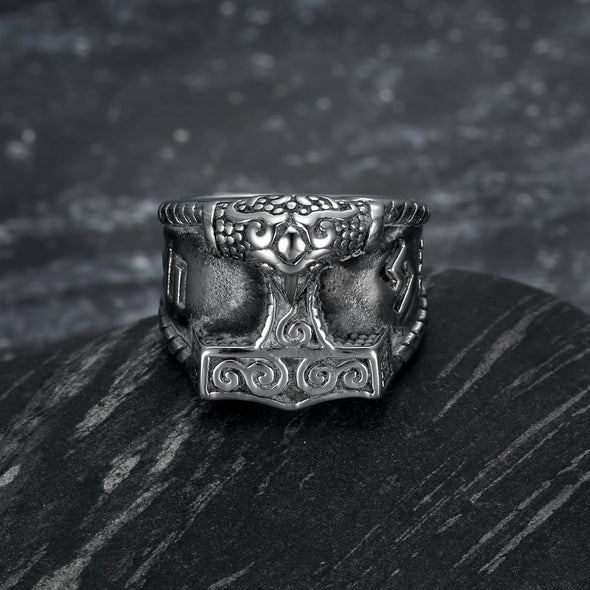 Explore Handcrafted Stainless Steel Thor's Hammer and Rune Ring