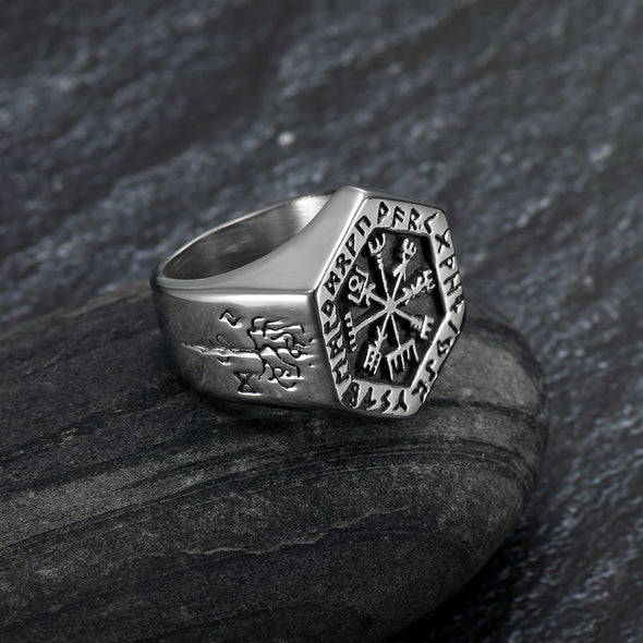 Explore Handcrafted Stainless Steel Hexagonal Vegvisir & Valknut Rune Ring