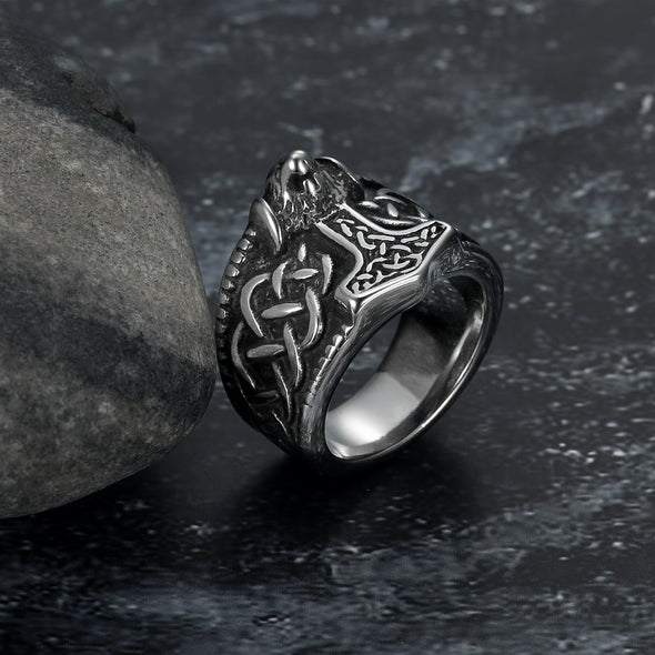 Explore Handcrafted Stainless Steel Thor's Hammer and Celtic Knotwork Ring