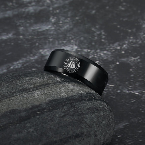 Explore Black Handcrafted Stainless Steel Valknut and Rune Ring