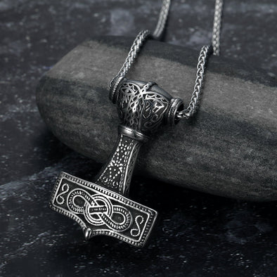 Explore Handcrafted Stainless Steel Chunky Mjolnir Necklace With Celtic Scrolls