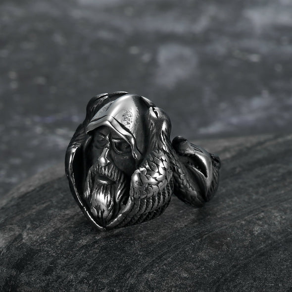 Explore Handcrafted Stainless Steel Viking Odin Ring With Raven and Wolf