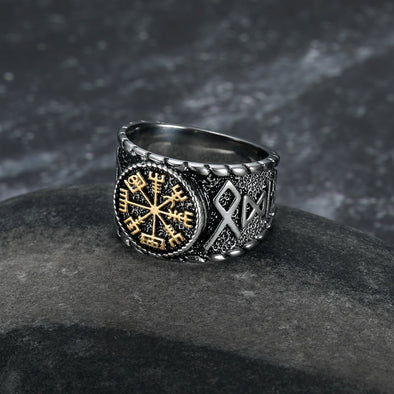 Explore Handcrafted Stainless Steel Vegvisir and Runes Ring