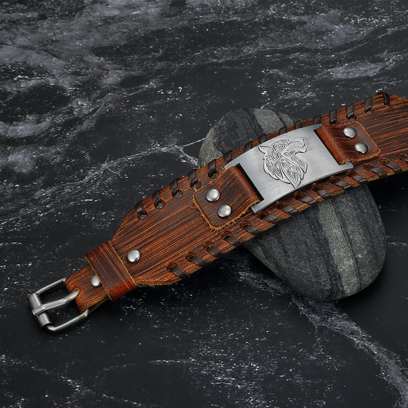 Explore Leather Buckle Arm Cuff With Fenrir Design