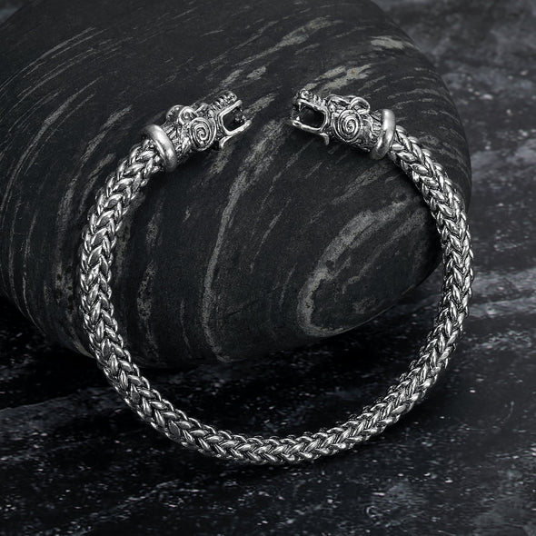 Small Handcrafted Stainless Steel Grey Wolf Head Torc Bracelet