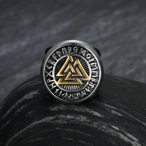 Explore Handcrafted Stainless Steel Dual Color Valknut and Runes Ring