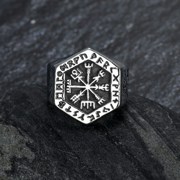 Explore Handcrafted Stainless Steel Hexagonal Vegvisir & Valknut Rune Ring