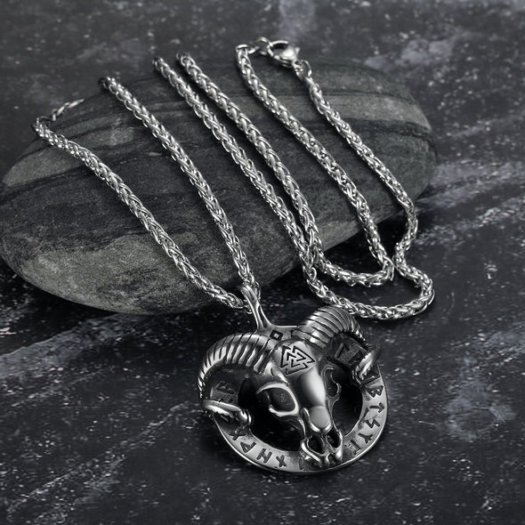 Explore Handcrafted Stainless Steel Goat Head Necklace with Valknut and Runes