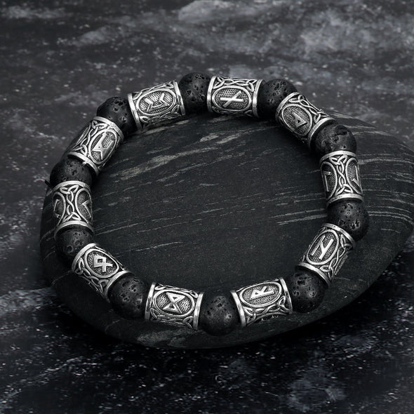 Explore Silver Rune and Black Lava Stone Bracelet