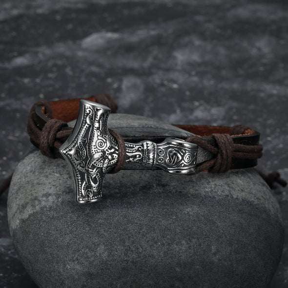 Explore Adjustable Leather Wristband With Handcrafted Stainless Steel Mjolnir