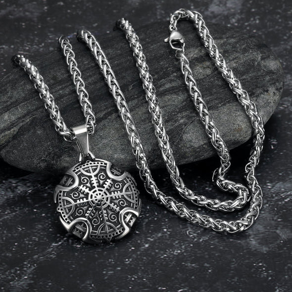 Explore Handcrafted Stainless Steel Viking Shield With Helm of Awe Motif