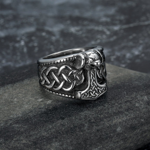 Explore Handcrafted Stainless Steel Thor's Hammer and Celtic Knotwork Ring