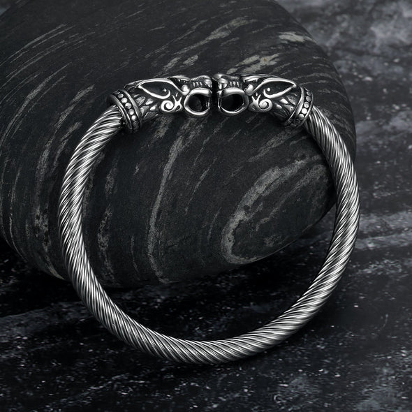 Explore Handcrafted Stainless Steel Wolf Head Torc Bracelet