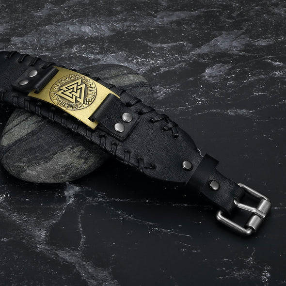 Explore Leather Buckle Arm Cuff With Metal Valknut Design