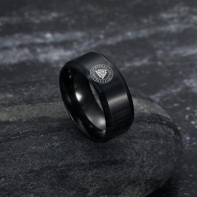 Explore Black Handcrafted Stainless Steel Valknut and Rune Ring
