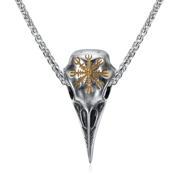 Explore Dual Color Handcrafted Stainless Steel Raven Skull and Helm of Awe Pendant