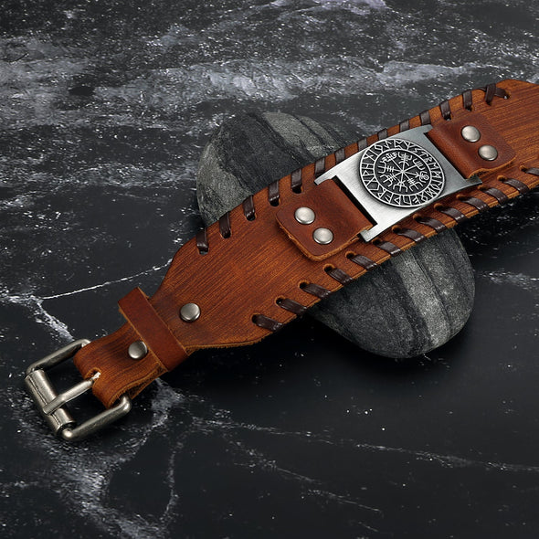 Explore Leather Buckle Arm Cuff With Metal Vegvisir Design