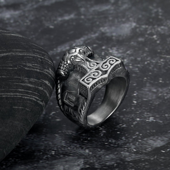 Explore Handcrafted Stainless Steel Thor's Hammer and Rune Ring