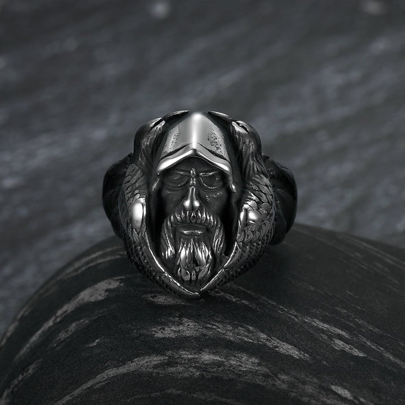 Explore Handcrafted Stainless Steel Viking Odin Ring With Raven and Wolf