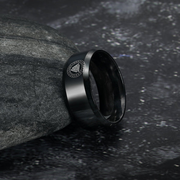 Explore Black Handcrafted Stainless Steel Valknut and Rune Ring