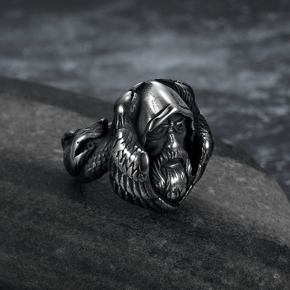 Explore Handcrafted Stainless Steel Viking Odin Ring With Raven and Wolf