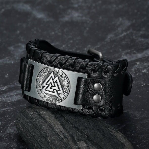 Explore Leather Buckle Arm Cuff With Metal Valknut Design