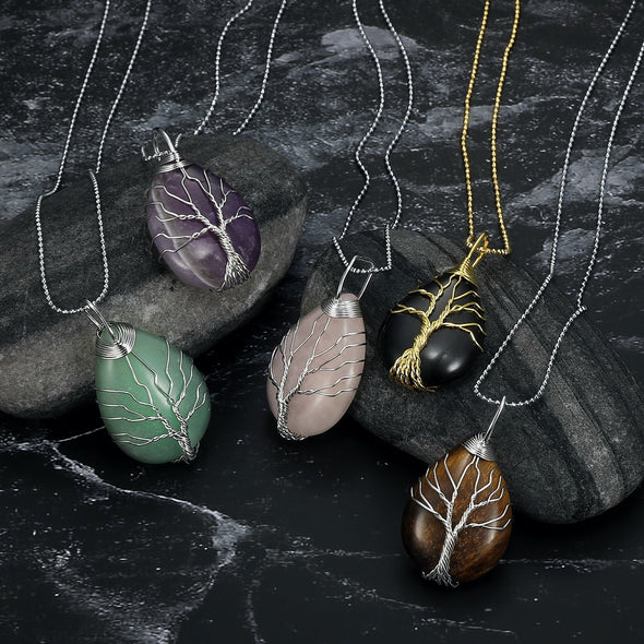 Explore Yggdrasil / Tree of Life Necklace on Teardrop Semi-Precious Stone