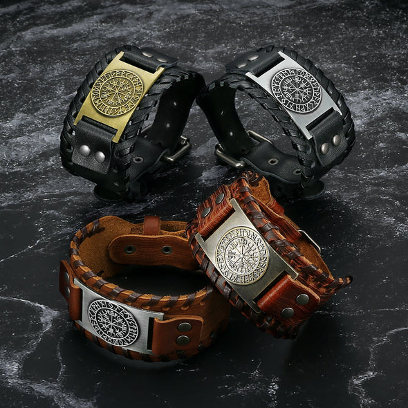 Explore Leather Buckle Arm Cuff With Metal Vegvisir Design