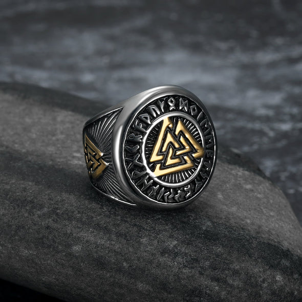 Explore Handcrafted Stainless Steel Dual Color Valknut and Runes Ring